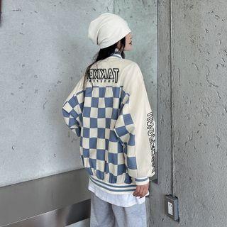 Lettering Checkered Panel Baseball Jacket