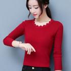 Scallop Neck Long-sleeve Knit Top