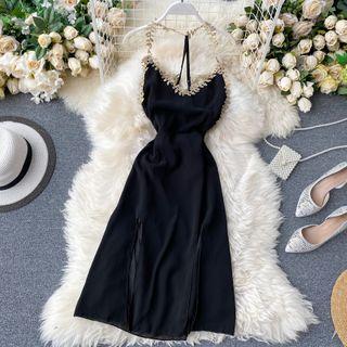 Halter-neck Embellished Midi A-line Dress Black - One Size