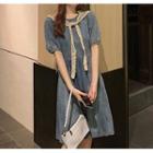Detachable Shawl Short-sleeve Mini A-line Denim Dress Blue - One Size