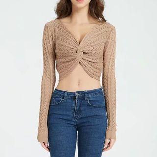 Twisted Cropped Pointelle Knit Top