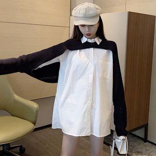 Plain Long-sleeve Loose-fit Shirt / Cropped Shawl