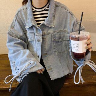 Lace Up Flared-sleeve Denim Jacket Light Blue - One Size