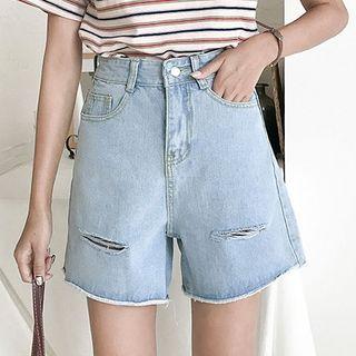 Distressed High-waist Loose-fit Denim Shorts