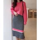 Set: Drop-shoulder Knit Top + Contrast-trim Knit Skirt