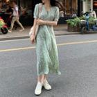 Short-sleeve Flower Print Midi A-line Dress Floral - Green - One Size