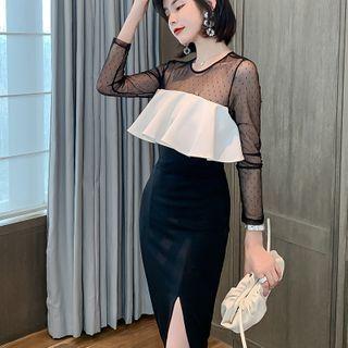 Long-sleeve Ruffled Paneled Sheath Dress