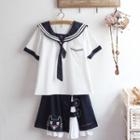 Short-sleeve Sailor Top / A-line Skirt / Set