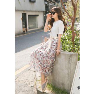 Set: Round-neck Top + Pattern Tiered Skirt
