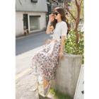 Set: Round-neck Top + Pattern Tiered Skirt