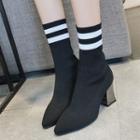 Striped Pointed Block Heel Short Boots