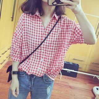Gingham 3/4-sleeve Blouse