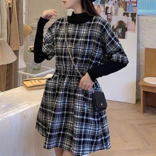 Long-sleeve Mock-neck Knit Top / Elbow-sleeve Mini A-line Dress