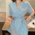 Short-sleeve Tie-front Shirtdress Blue - One Size