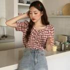 Square-neck Plaid Short-sleeve Shirt As Shown In Figure - One Size