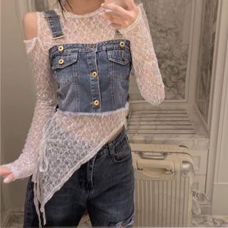 Cold-shoulder Asymmetrical Lace Top / Denim Wide Strap Crop Top