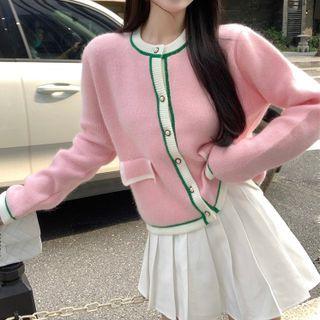 Contrast Trim Pocket-detail Long-sleeve Cardigan Pink - One Size