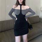Long-sleeve Cutout Mini Dress Dress - Gray & Black - One Size