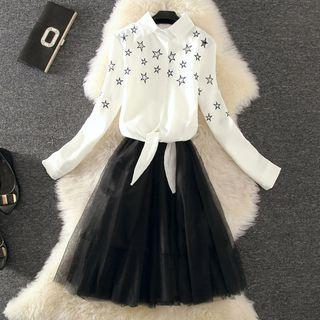 Set: Star Embroidered Long-sleeve Shirt + Strappy A-line Dress