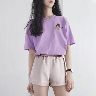 Loose-fit Dog-embroidered Long T-shirt
