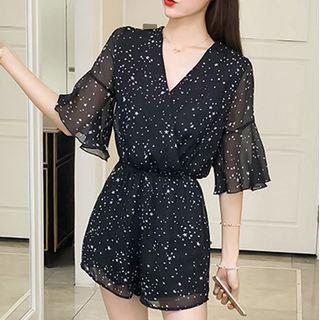 Star Print V-neck Short-sleeve Wide-leg Playsuit