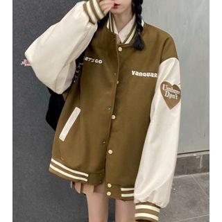 Long-sleeve Lettering Embroidered Bomber Jacket Coffee - One Size