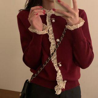 Lace Trim Faux Pearl Knit Top