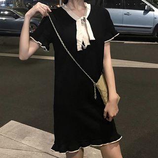 Short-sleeve Contrast Trim Ribbon Mini Dress