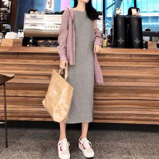 Plaid Shirt / Slit-side Midi Halter Dress