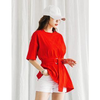 Round-neck Asymmetric-hem Top With Sash