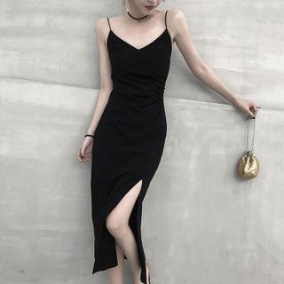 Spaghetti-strap Plain Side-slit Dress