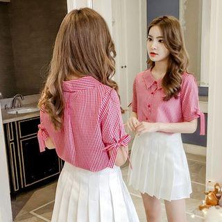 Short-sleeve Bow Accent Plaid Shirt