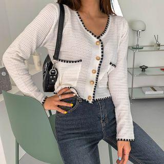 Contrast-trim Cropped Tweed Cardigan Ivory - One Size