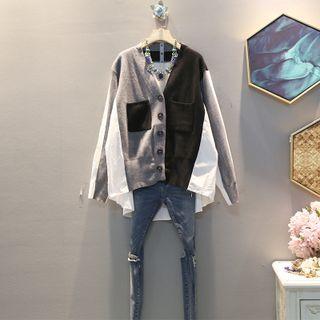 Long-sleeve Color Block Knit Panel Cardigan As Shown In Figure - One Size