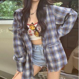 Plaid Shirt / Lettering Crop Camisole Top