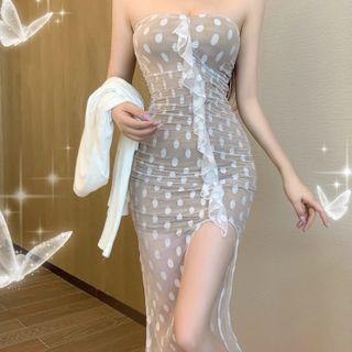 Dotted Strapless Midi Sheath Mesh Dress
