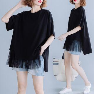 Mock Two-piece Elbow-sleeve Mesh Panel Top Black - One Size