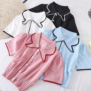 Lapel Short-sleeve Color Block Knit Top