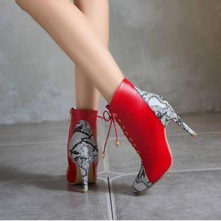 Faux Snake Leather Panel High-heel Ankle Boots