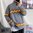 High-neck Oversize Color Panel Knit Sweater