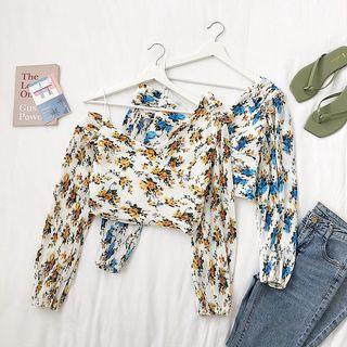 Asymmetric Shoulder Floral Cropped Chiffon Top