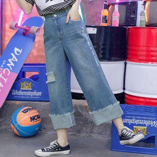 Lettering Ripped Wide-leg Jeans