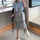 Short-sleeve Jacket / Spaghetti Strap Floral Print Midi A-line Dress