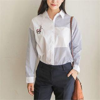 Contrast-panel Embroidered Striped Shirt Blue - One Size