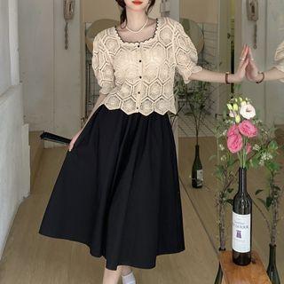 Short-sleeve Lace Blouse / A-line Midi Skirt