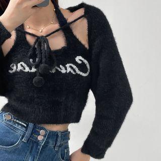 Set: Halter-neck Lettering Knit Top + Cardigan