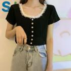 Short Sleeve Lace Trim Cropped Pointelle Knit Cardigan