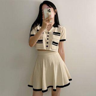 Set: Short-sleeve Cropped Knit Top + Mini A-line Skirt