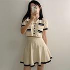 Set: Short-sleeve Cropped Knit Top + Mini A-line Skirt