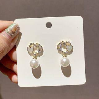 Heart Rhinestone Faux Pearl Dangle Earring 1 Pair - Earring - Silver - Love Heart - Faux Pearl - White - One Size